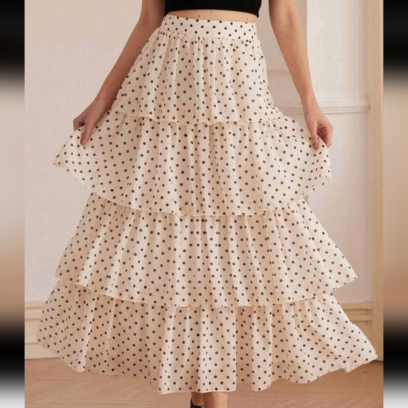 Elegant Vintage Style Chiffon Polka Dot Print Multi-Layered Ruffle Long Skirt - Picture 1 of 5